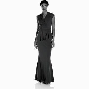 Badgley Mischka Black V-Neck Pleat Front Cap Sleve Gown Full Length Dress Size 8